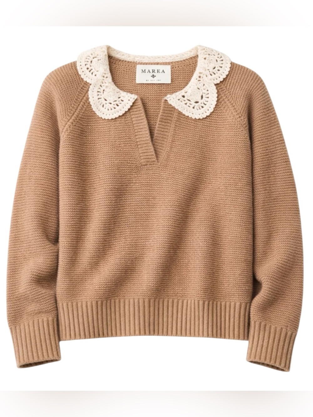 NEW Marea by Liz Joy Crochet Collar Sweater. Camel. XS. NWT.